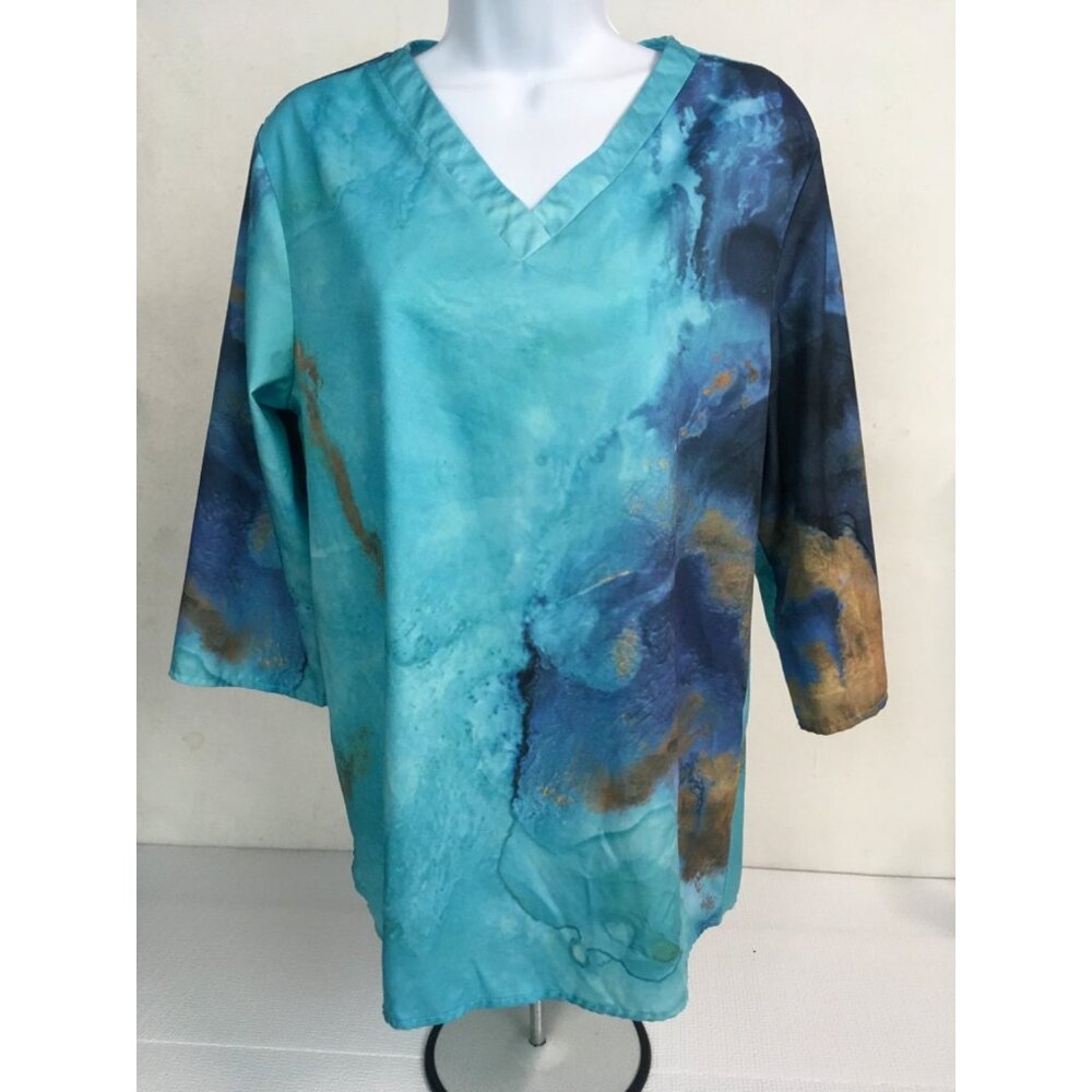 Noracora Top Women Size M Blue Beige V neck 3/4 Sleeves
